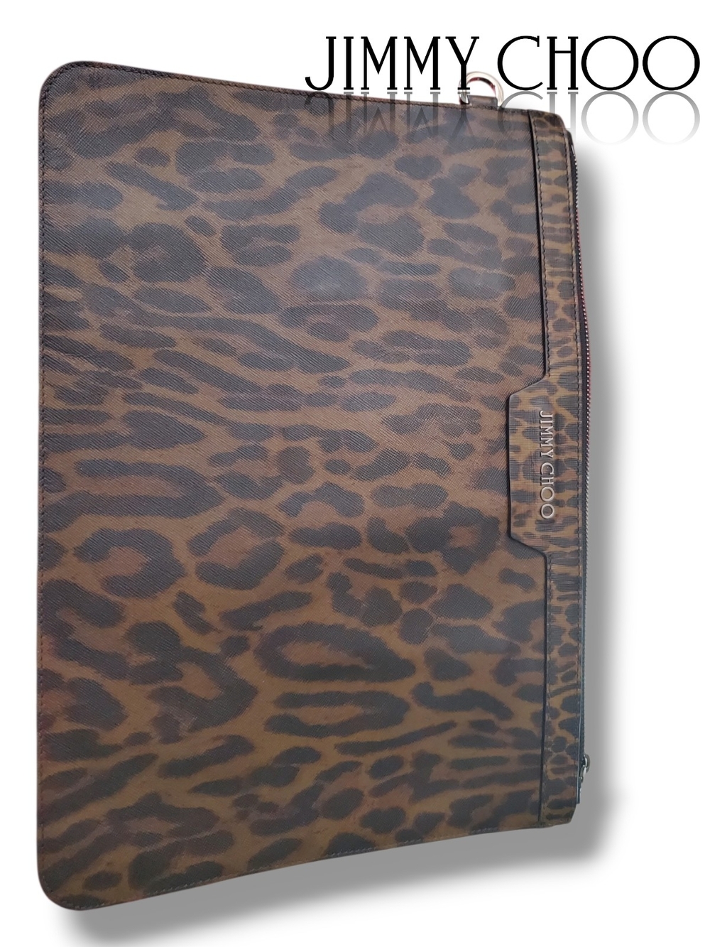 Jimmy Choo Leopard Print Large Zip Portfolio Clutch Document Bag Laptop Sleeve